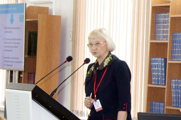 Директор Государственной универсальной научной библиотеки Красноярского края Т. Л. Савельева выступает на заседании Секции центральных библиотек субъектов РФ